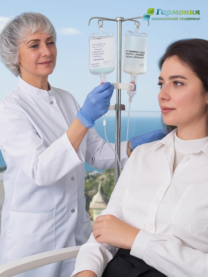 Врач и пациент с капельницей на фоне берега Минска