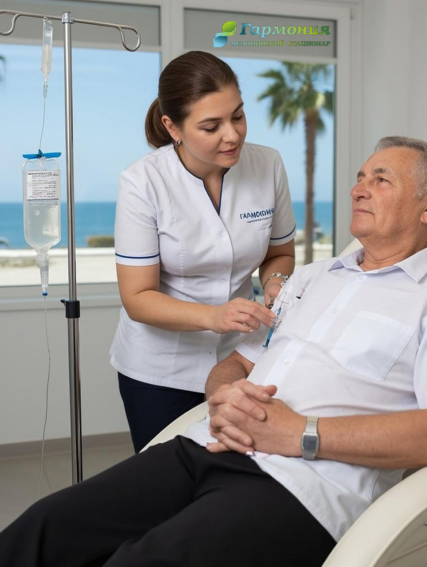 Врач и пациент с капельницей на фоне берега Минска