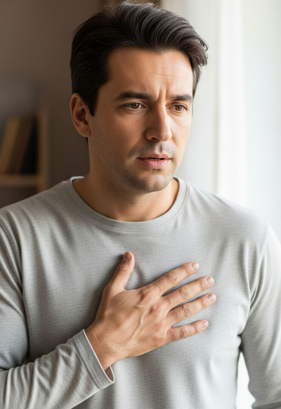 Мужчина держит руку на груди