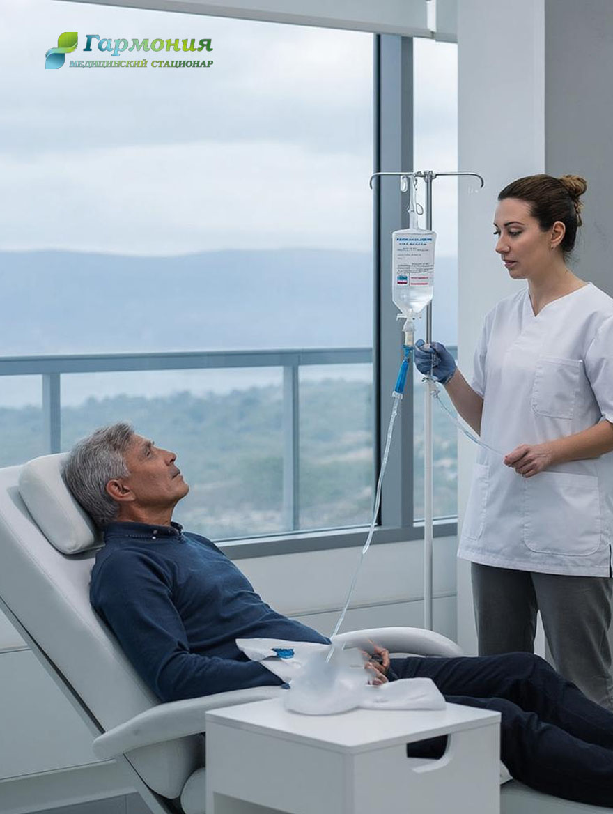 Врач и пациент с капельницей на фоне берега Минска